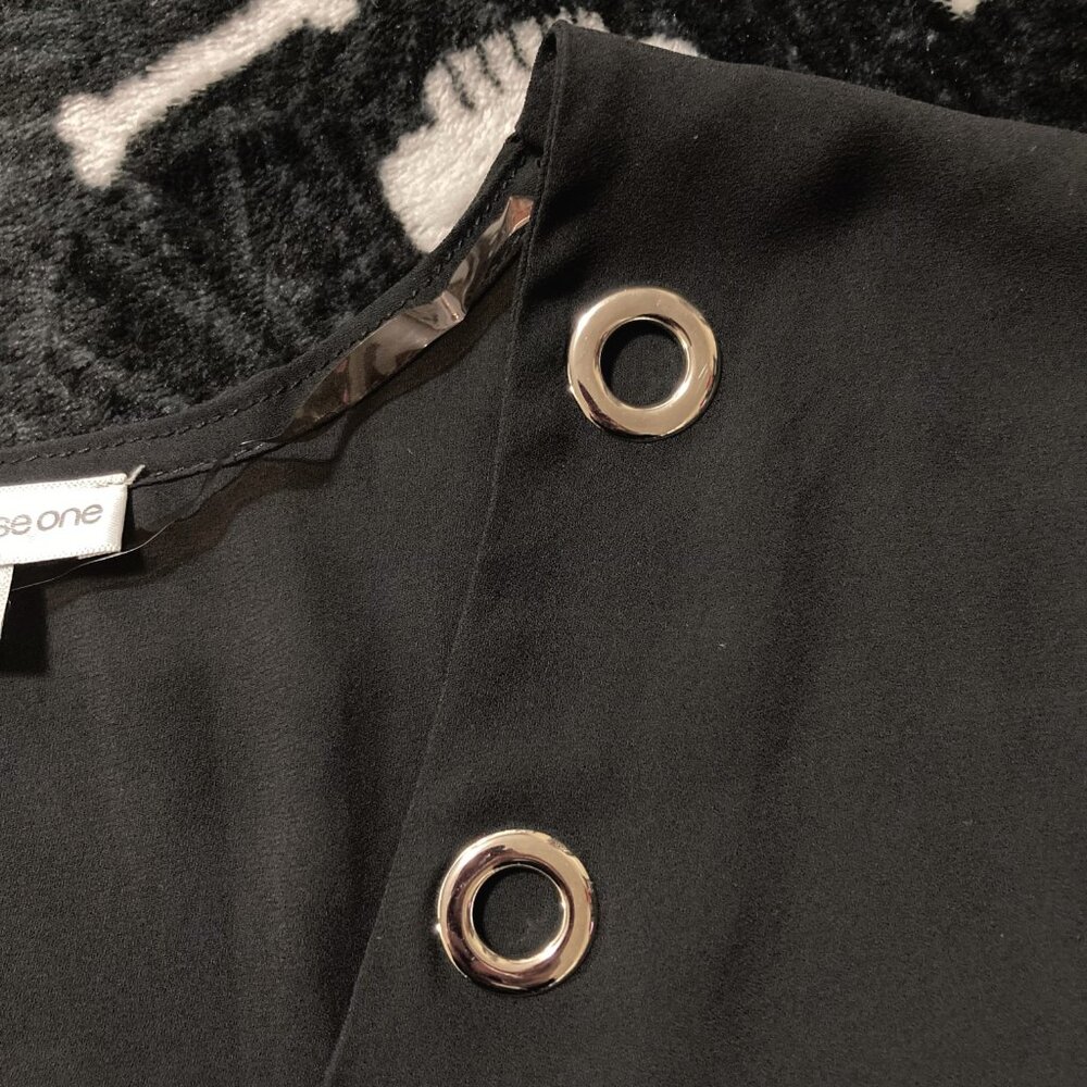 WAREHOUSE ONE Black semi-sheer shirt with silver tone grommets ~ XS SMALL top - Picture 5 of 14